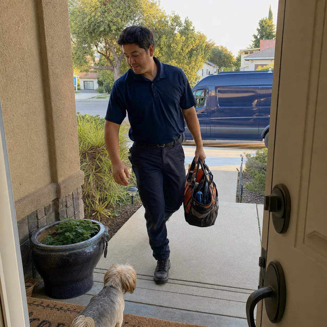 Technician greeting the family dog on arrival
