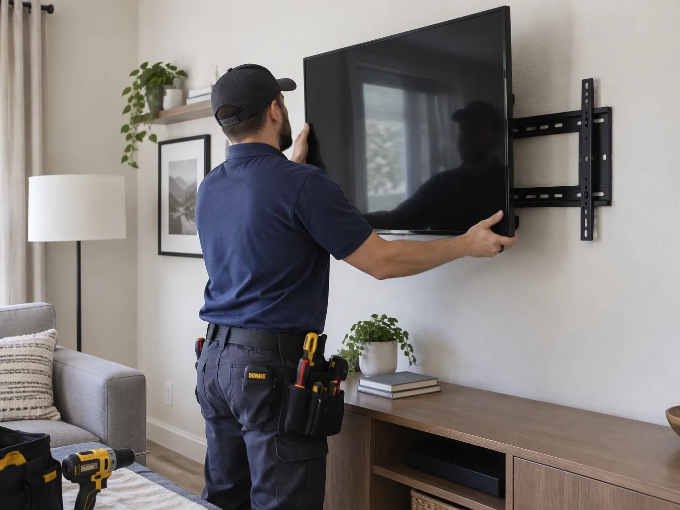A handyman working on a residential tv mounting job — mid-task, hands, tools and the work itself in sharp focus, the rest of the space softly out of focus