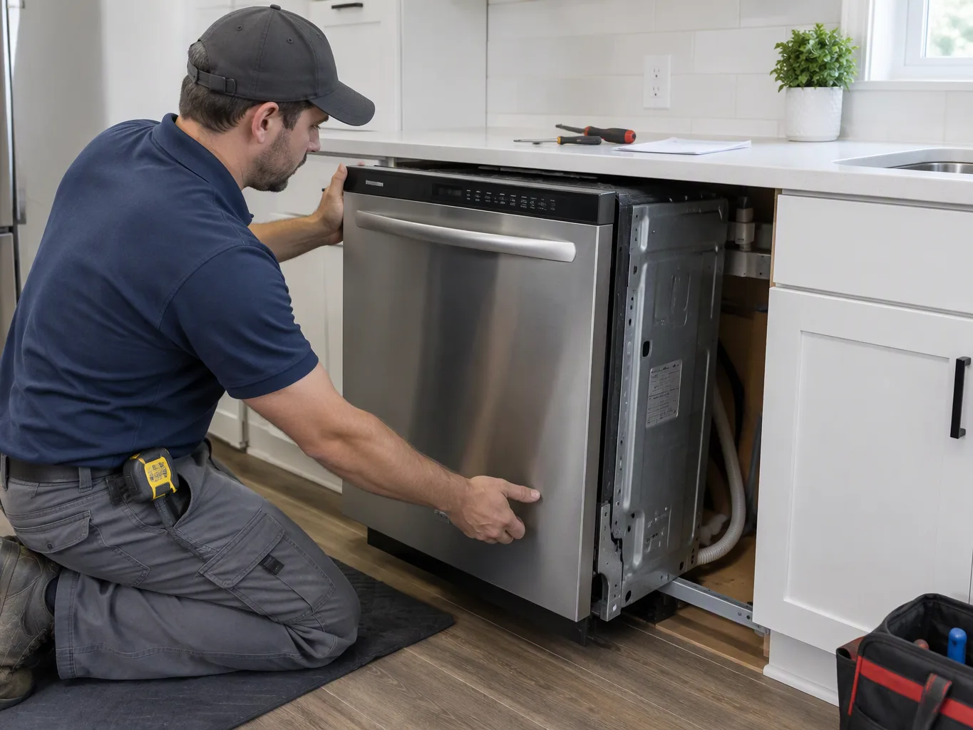 A handyman working on a residential appliance installation job — mid-task, hands, tools and the work itself in sharp focus, the rest of the space softly out of focus