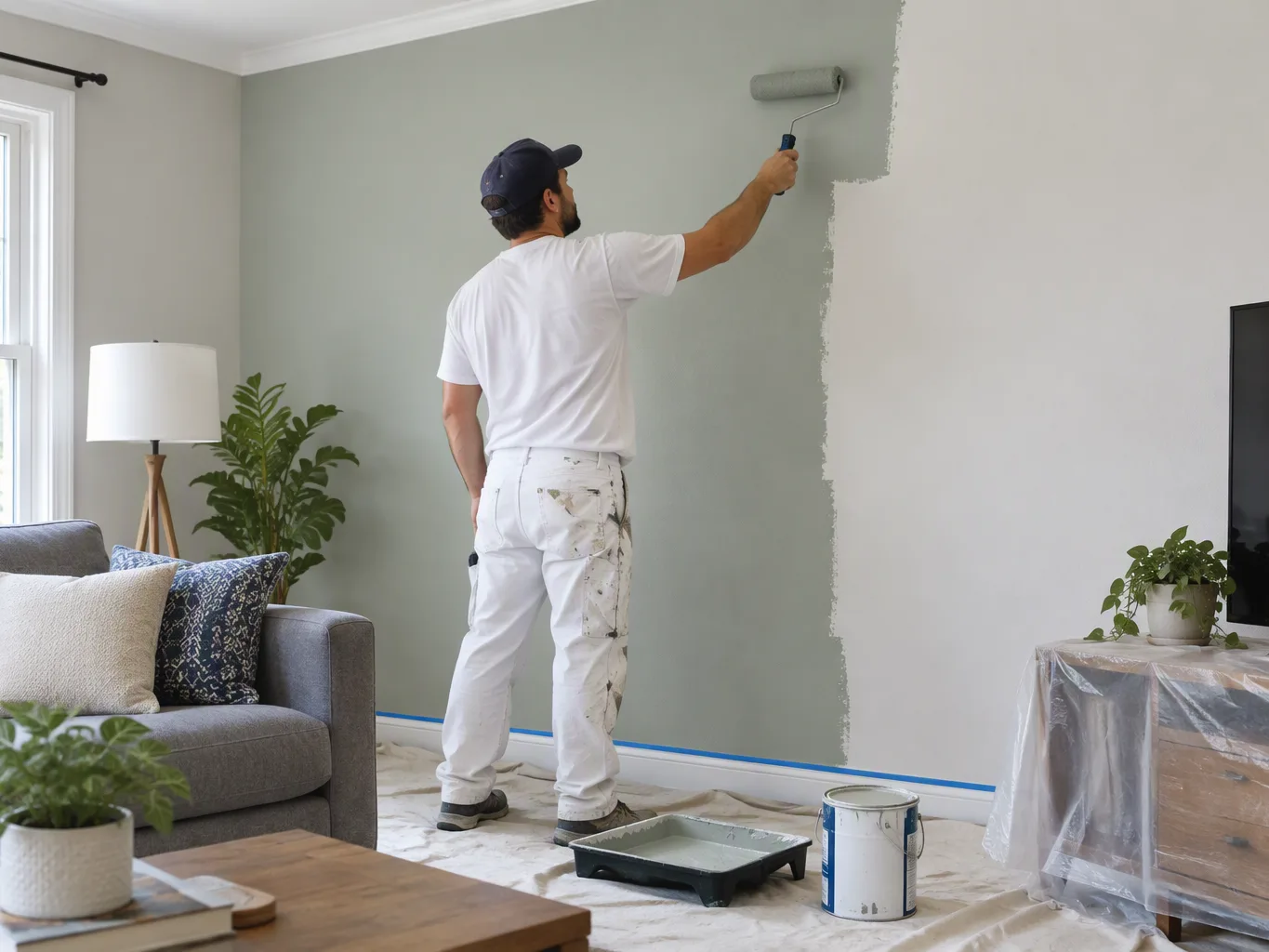 A handyman working on a residential painting services job — mid-task, hands, tools and the work itself in sharp focus, the rest of the space softly out of focus