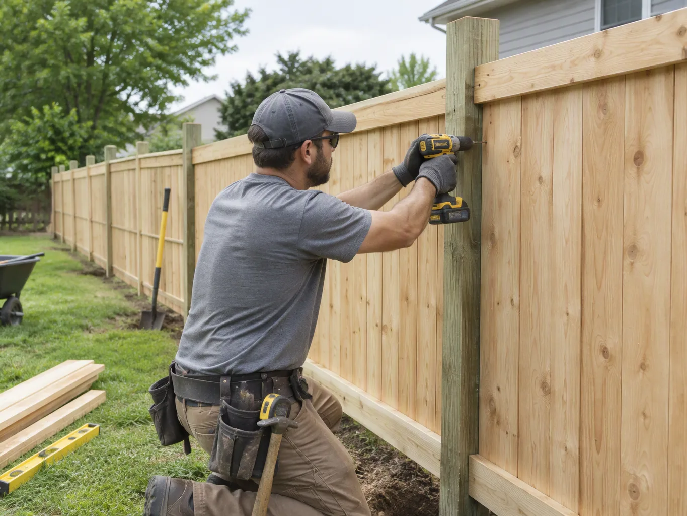 A handyman working on a residential fence installation job — mid-task, hands, tools and the work itself in sharp focus, the rest of the space softly out of focus