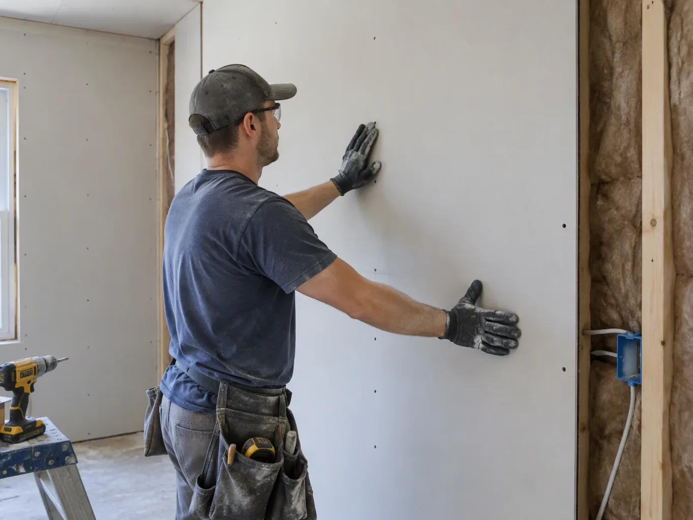A handyman working on a residential drywall installation & repair job — mid-task, hands, tools and the work itself in sharp focus, the rest of the space softly out of focus