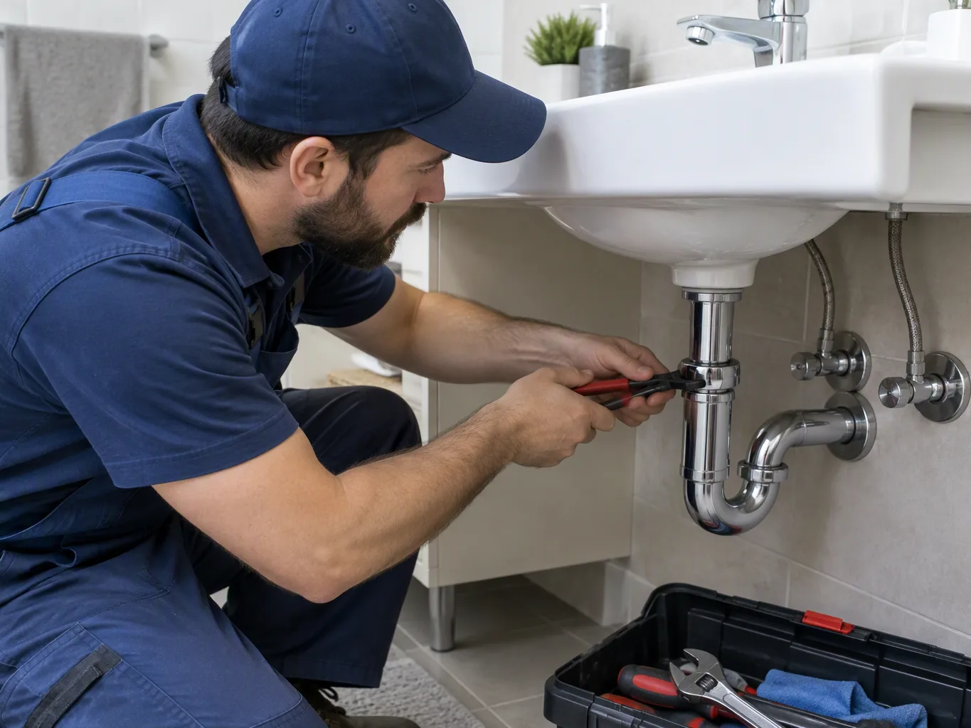 A handyman working on a residential plumbing job — mid-task, hands, tools and the work itself in sharp focus, the rest of the space softly out of focus